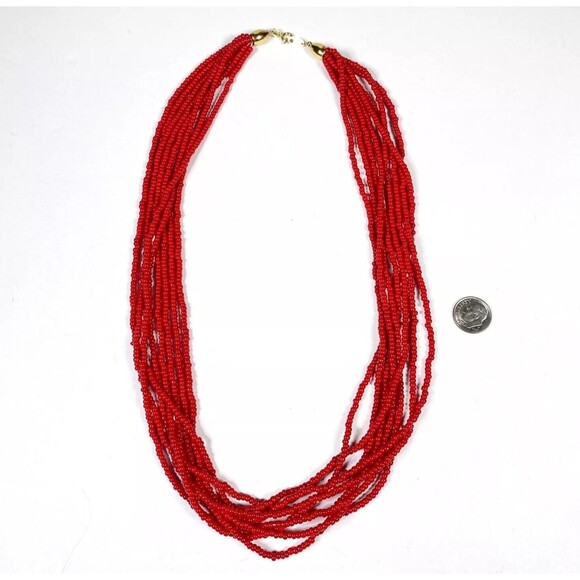 Vtg Trifari Statement Necklace Multi Strand Red Seed Beaded Intricate Layered - Picture 3 of 7